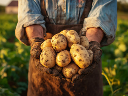 Farmer holding freshly harvested dirty potatoes in gloved hands with green field background.の素材