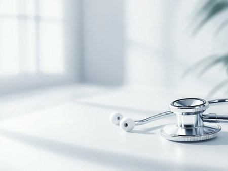 Stethoscope lying on a clean white surface in bright minimal medical interior.の素材