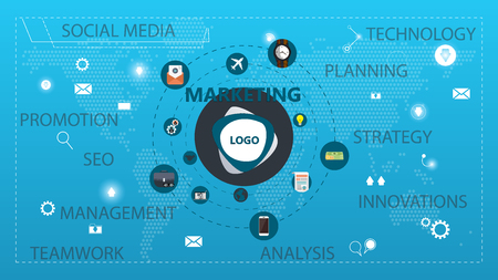 Vector creative illustration of marketing word lettering typography with icons, tag cloud on green background. Marketing technology concept. Thin line art style design for promotion, social mediaのイラスト素材