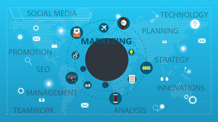 Vector creative illustration of marketing word lettering typography with icons, tag cloud on green background. Marketing technology concept. Thin line art style design for promotion, social mediaのイラスト素材