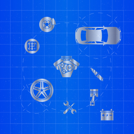Car parts icons on blueprintのイラスト素材