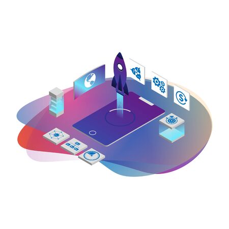 3D illustration of rocket with infographic elements and ultraviolet rays for Business Startup conceptのイラスト素材