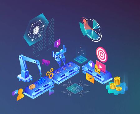 Automated marketing and SEO content isometric concept, vector illustrationのイラスト素材