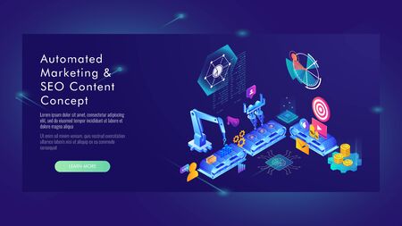 Automated marketing and SEO content isometric concept, vector illustrationのイラスト素材