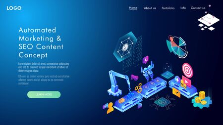 Automated marketing and SEO content isometric concept, vector illustrationのイラスト素材