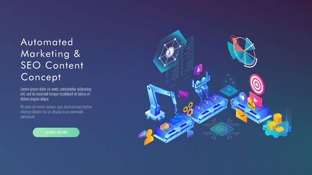 Automated marketing and SEO content isometric concept, vector illustrationのイラスト素材