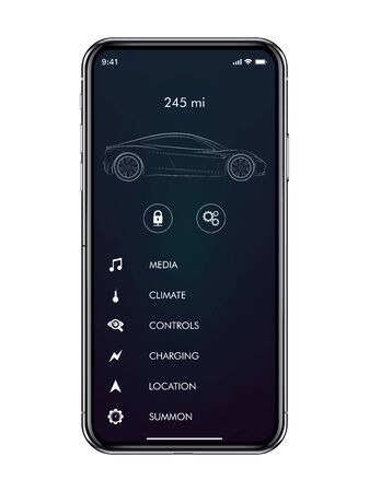 Smart car control app mobile interface vector template. Smartphone application page design layout. Autonomous remote controller flat gradient UI screen. Vehicle feature, settings phone displayのイラスト素材