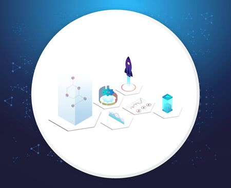 3D illustration of rocket with infographic elements and ultraviolet rays for Business Startup conceptのイラスト素材