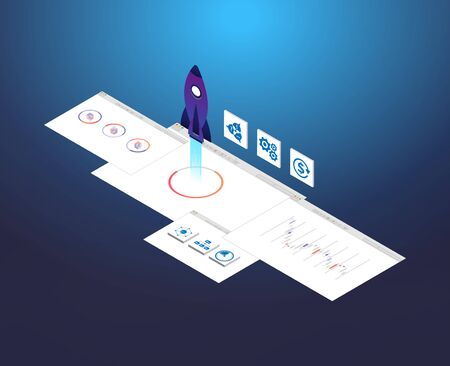 3D illustration of rocket with infographic elements and ultraviolet rays for Business Startup conceptのイラスト素材