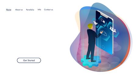 Concept of digital technology. Businessman, icons. 3d isometric flat design. Vector illustration.のイラスト素材