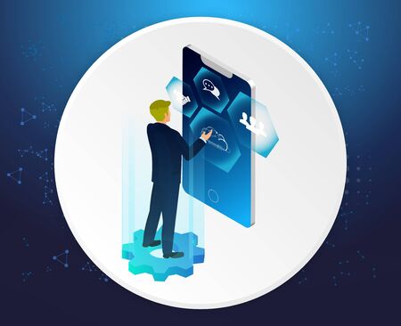 Concept of digital technology. Businessman, icons. 3d isometric flat design. Vector illustration.のイラスト素材