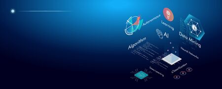 Machine learning, Ai, Data mining, algorithm, algorithm, neural network, deep learning and autonomous. isometric vector concept.のイラスト素材