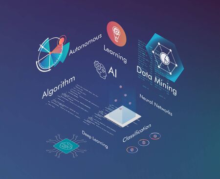 Machine learning, Ai, Data mining, algorithm, algorithm, neural network, deep learning and autonomous. isometric vector concept.のイラスト素材
