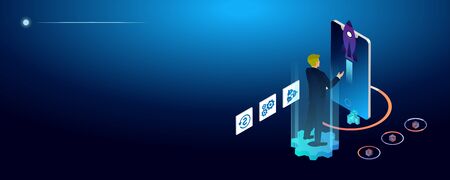 3D illustration of rocket with infographic elements and ultraviolet rays for Business Startup conceptのイラスト素材