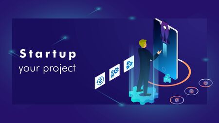 3D illustration of rocket with infographic elements and ultraviolet rays for Business Startup conceptのイラスト素材