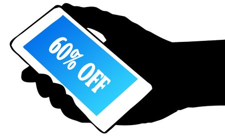 Hand silhouette holding phone with 60 PERCENT OFF text.の写真素材
