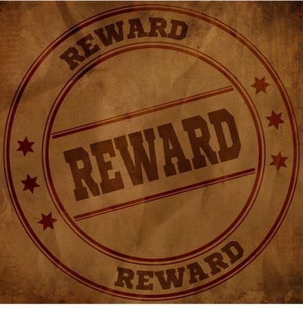 REWARD stamp on old brown crumpled paper. Illustrationの写真素材