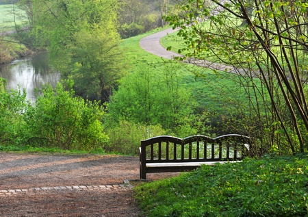 View from a park bench into the natureの写真素材