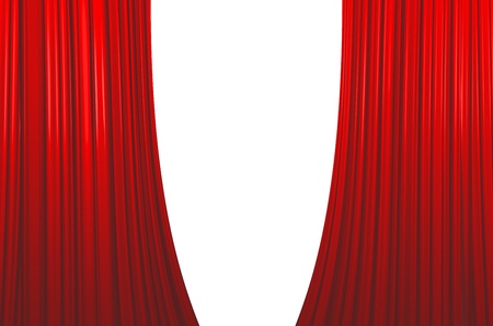 Illuminated red curtain opening on white backgroundの写真素材