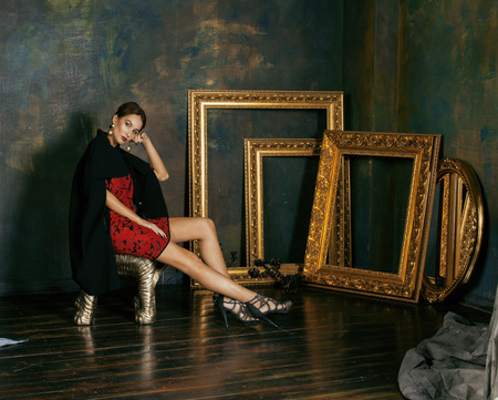 beauty rich brunette woman in luxury interior near empty frames, vintage eleganceの写真素材