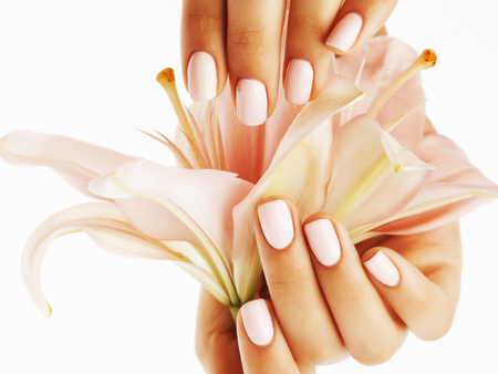 beauty delicate hands with manicure holding flower lily close up isolated on white perfect shapeの写真素材
