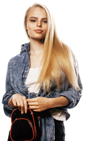 young blond woman on white backgroung smiling cute, isolated emotional posing close up, lifestyle people conceptの写真素材