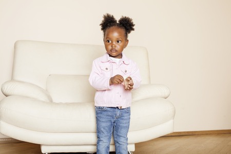 litle cute sweet african-american girl playing happy with toys at home, lifestyle children concept...