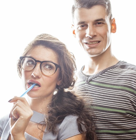 love affair at work, young pretty couple, man and woman together isolated on white background,...