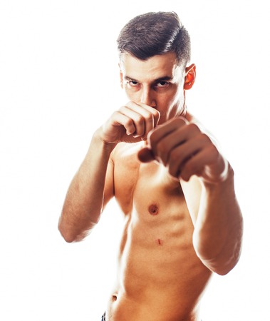 young handsome  man boxing on white background isolated, lifestyle sport real people concept close upの写真素材