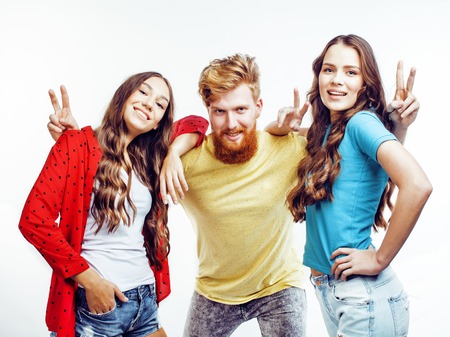 company of hipster guys, bearded red hair boy and girls students having fun together friends, diverse fashion style, lifestyle people concept isolated on white background close upの写真素材