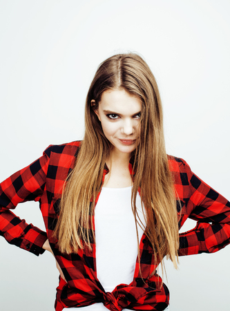 young pretty stylish hipster teen girl posing emotional isolated on white background happy smiling cool smile, lifestyle people concept close upの写真素材