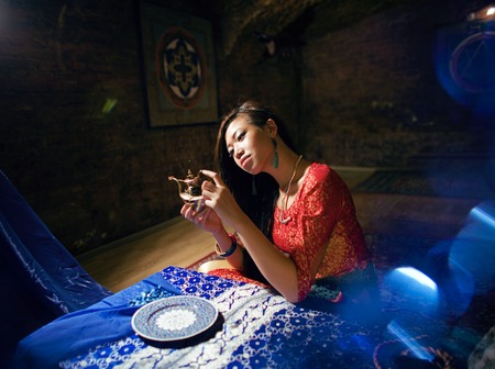 beautiful asian woman in oriental yoga indoor interior, fairy tale concept close up