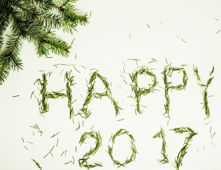 happy new year design on white background with pine tree and text
