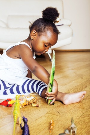 little cute african american girl playing with animal toys at hoの写真素材