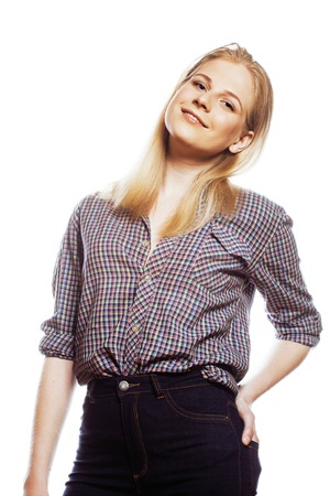 young pretty girl blond teenager on white isolated blond happy smiling, lifestyle people conceptの写真素材