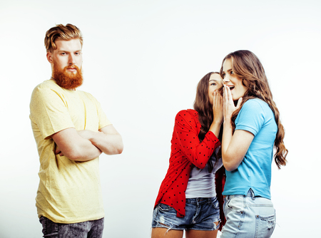 company of hipster guys, bearded red hair boy and girls students having fun together friends, diverse fashion style, lifestyle people concept isolated on white backgroundの写真素材