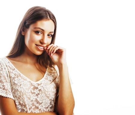 young pretty blonde hair woman happy smiling isolated on white bの写真素材