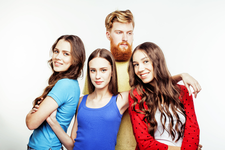 company of hipster guys, bearded red hair boy and girls students having fun together friends, diverse fashion style, lifestyle people concept isolated on white backgroundの写真素材