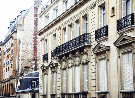 houses on french streets of Paris. citylife concept, black balcony laceの写真素材