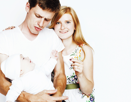 young cute happy modern family, mother father son isolated on wh