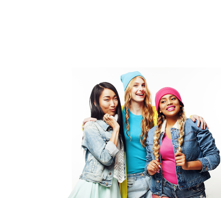 diverse nation girls group, teenage friends company cheerful havの写真素材
