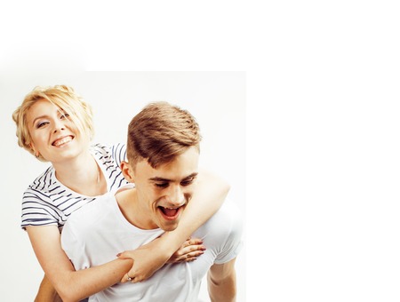 young pretty teenage couple, hipster guy with his girlfriend hap