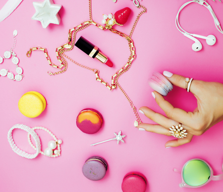 Jewelry table with lot of girl stuff on it, little mess in cosmetic brushes, women interior concept, perfume elegance things, little princess makeup close upの写真素材