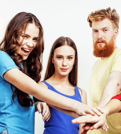 company of hipster guys, bearded red hair boy and girls students having fun together friends, diverse fashion style, lifestyle people concept isolated on white backgroundの写真素材