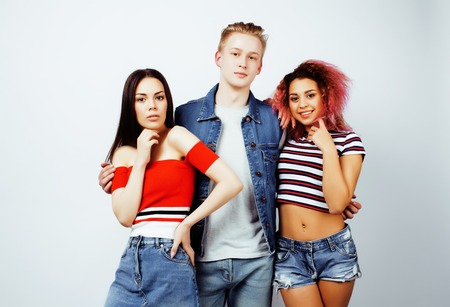 company of hipster guys, blonde boy and girls students having fuの写真素材