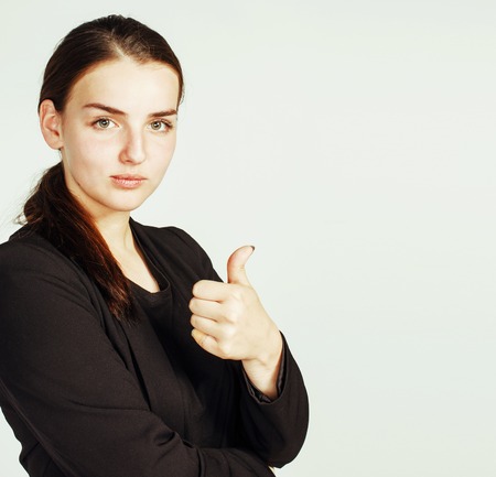 young pretty girl pointing on white background, business scienceの写真素材