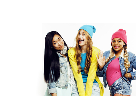 diverse nation girls group, teenage friends company cheerful havの写真素材