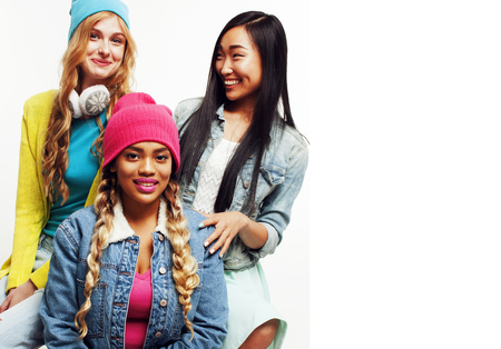 diverse nation girls group, teenage friends company cheerful hav