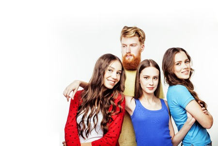 company of hipster guys, bearded red hair boy and girls students