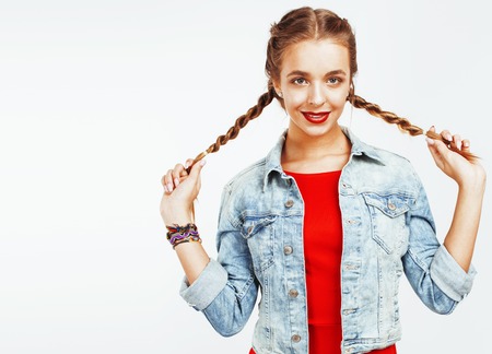 young pretty stylish brunette hipster girl posing emotional isolの写真素材